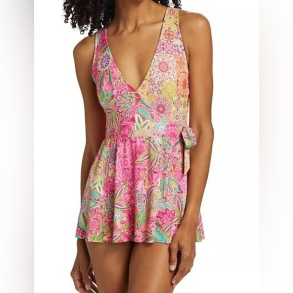 JOHNNY WAS Flamingo and Kaleida Wrap Skirted One-Piece Swimsuit - Picture 7 of 7